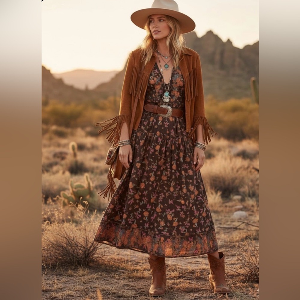 Free People Lysette Maxi Dress Chocolate Large Bohemian Gypsy Bells Fall Floral
